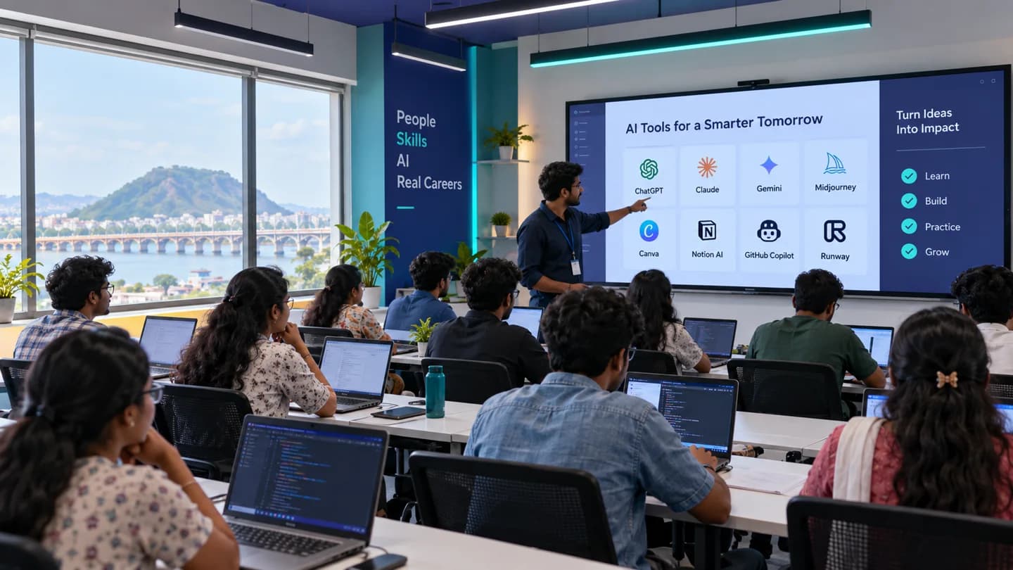 Illustrative modern classroom with Indian students working on laptops